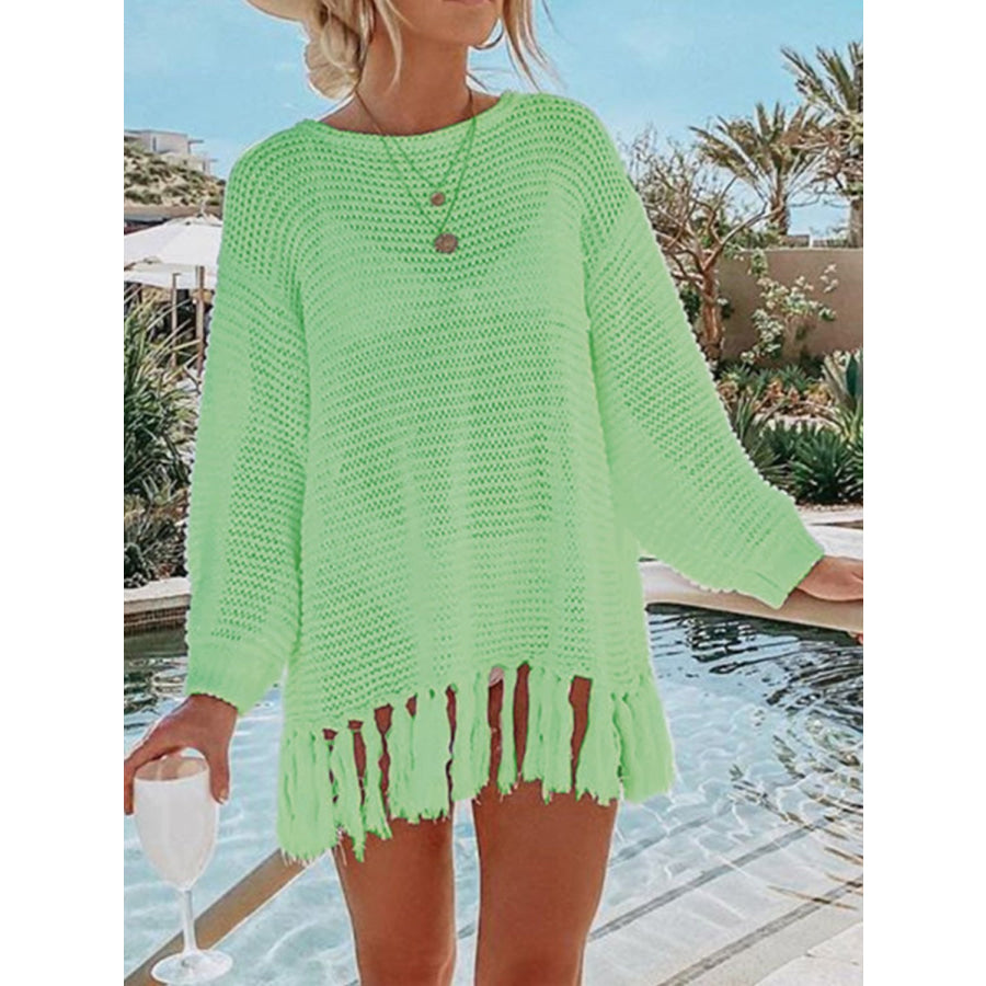 Double Take Openwork Tassel Hem Long Sleeve Knit Cover Up Mint Green / S Apparel and Accessories