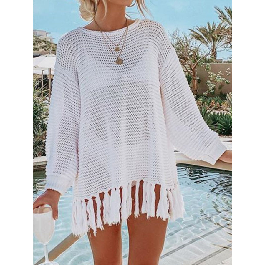 Double Take Openwork Tassel Hem Long Sleeve Knit Cover Up White / S Apparel and Accessories