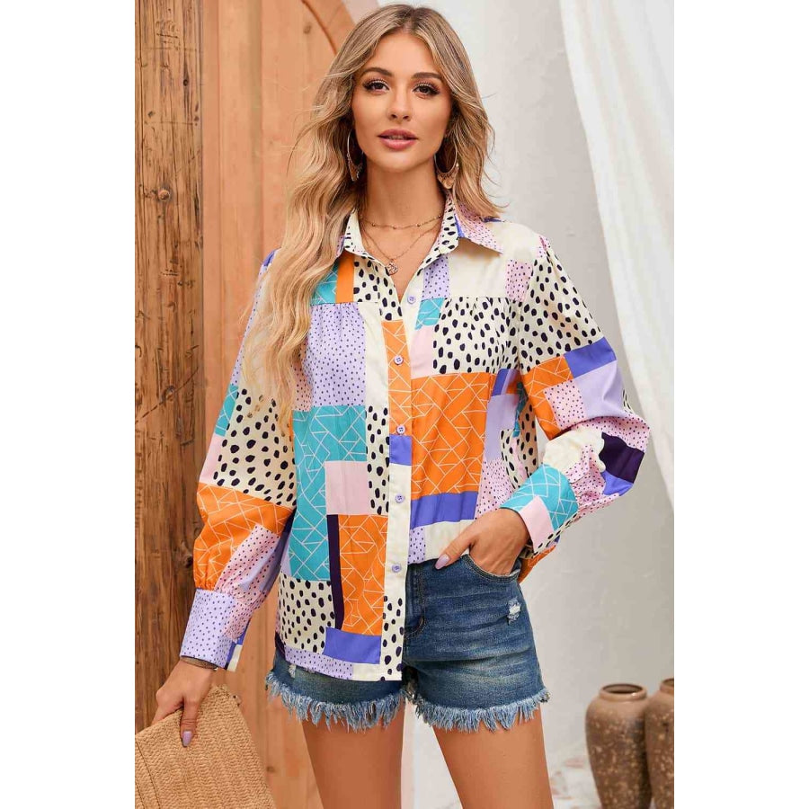 Double Take Patchwork Puff Sleeve Collared Shirt Shirts &amp; Tops