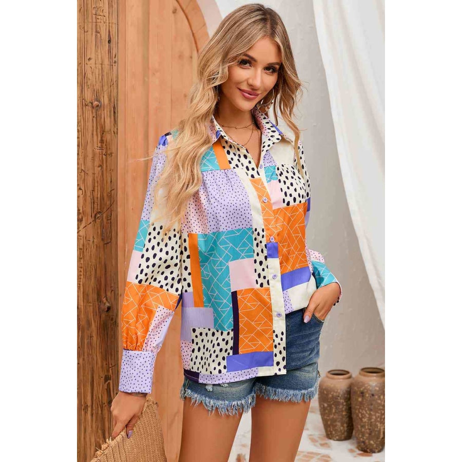 Double Take Patchwork Puff Sleeve Collared Shirt Shirts &amp; Tops