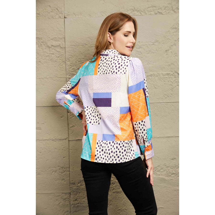 Double Take Patchwork Puff Sleeve Collared Shirt Shirts &amp; Tops