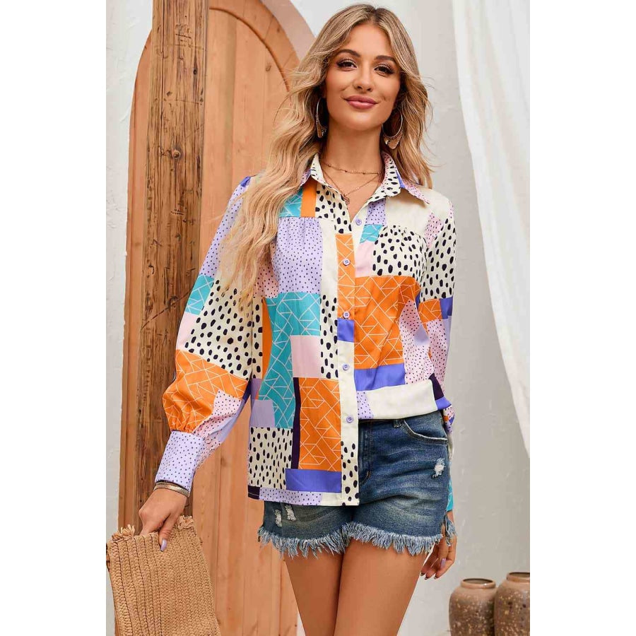 Double Take Patchwork Puff Sleeve Collared Shirt Shirts &amp; Tops