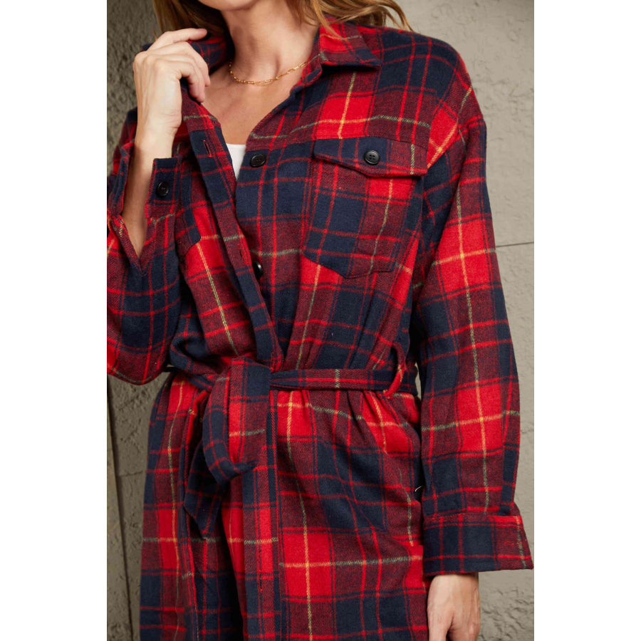 Double Take Plaid Belted Button Down Longline Shirt Jacket Shacket