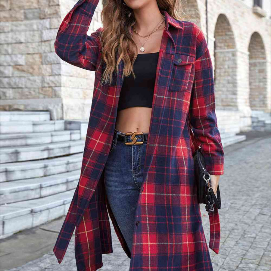 Double Take Plaid Belted Button Down Longline Shirt Jacket Shacket