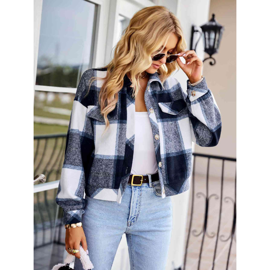 Double Take Plaid Button Front Dropped Shoulder Collared Jacket Navy / S Shirts &amp; Tops