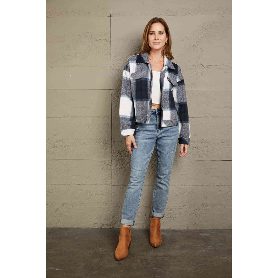 Double Take Plaid Button Front Dropped Shoulder Collared Jacket Shirts &amp; Tops