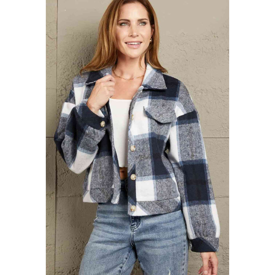 Double Take Plaid Button Front Dropped Shoulder Collared Jacket Shirts & Tops