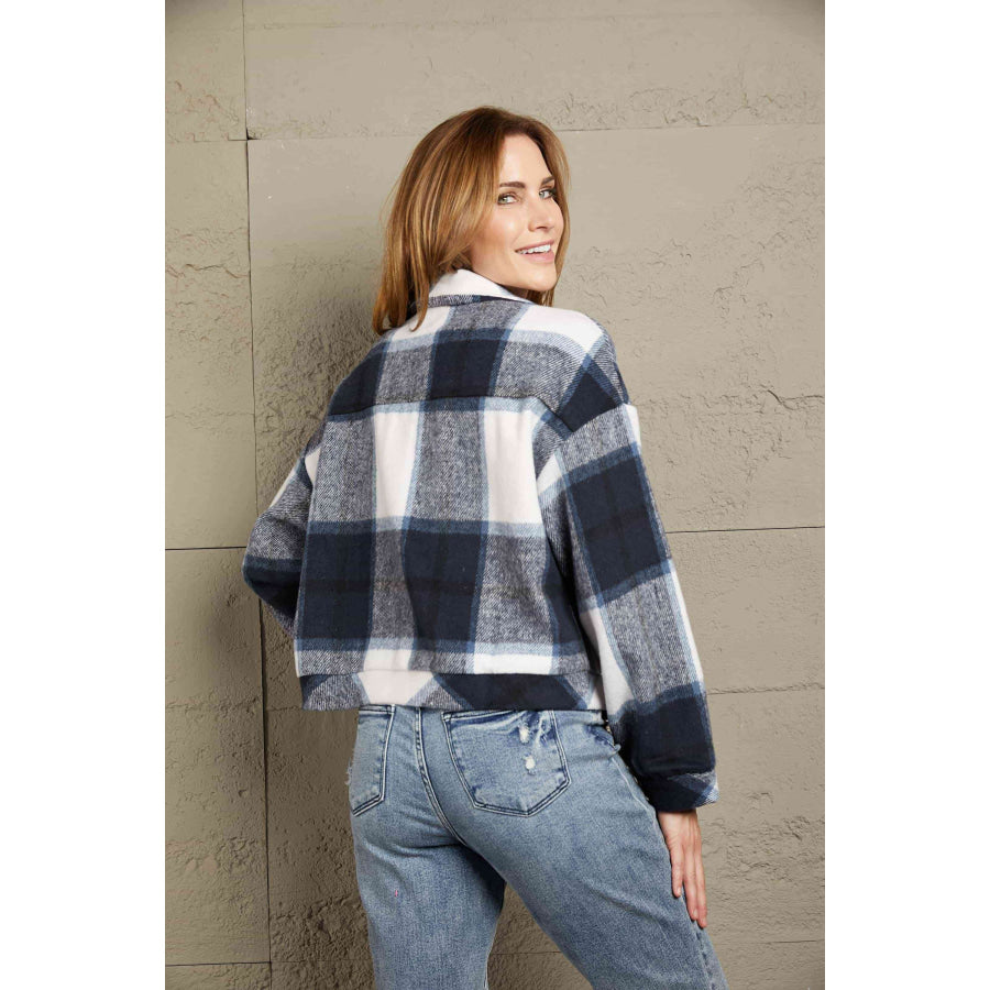 Double Take Plaid Button Front Dropped Shoulder Collared Jacket Shirts &amp; Tops