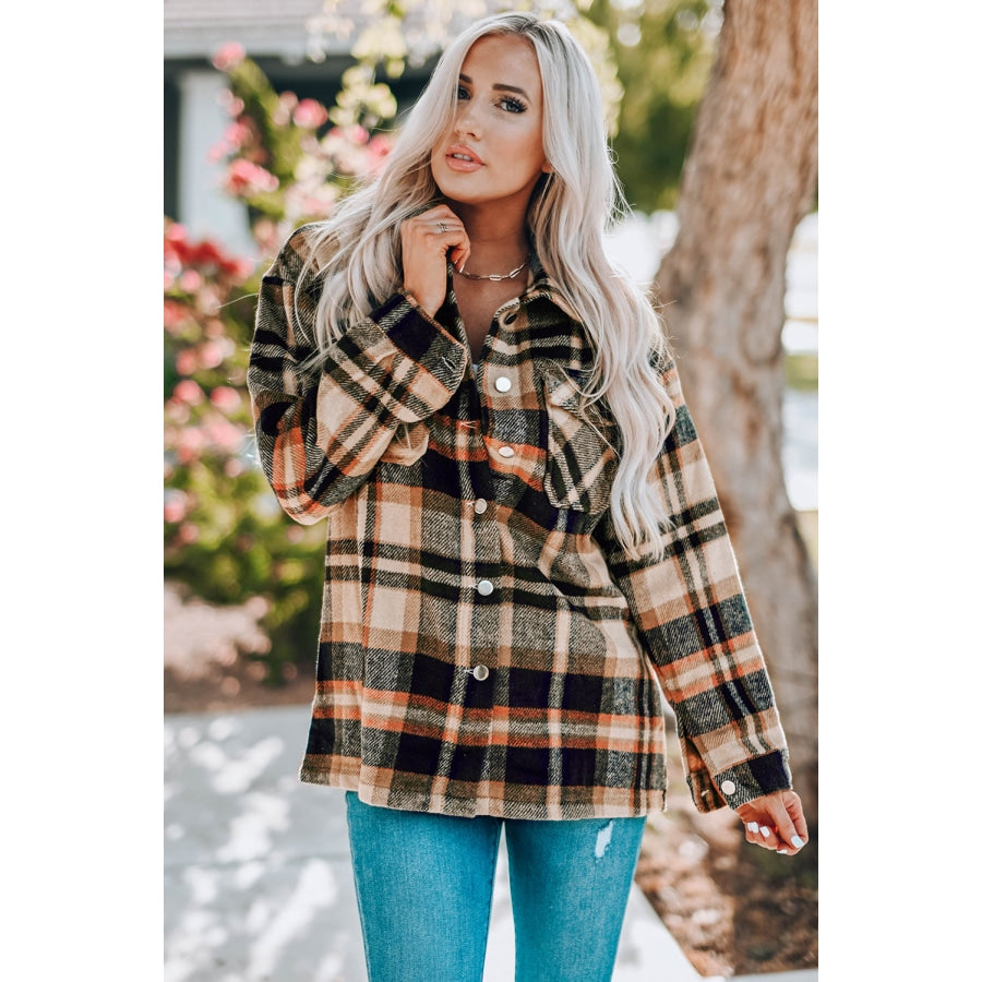 Double Take Plaid Button Front Shirt Jacket with Breast Pockets Khaki / S