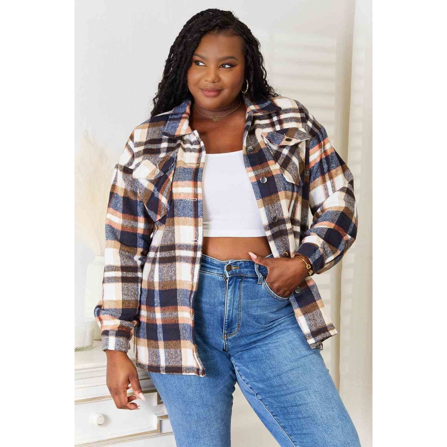 Double Take Plaid Button Front Shirt Jacket with Breast Pockets Navy / S