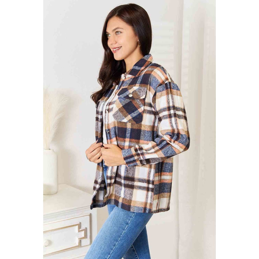 Double Take Plaid Button Front Shirt Jacket with Breast Pockets