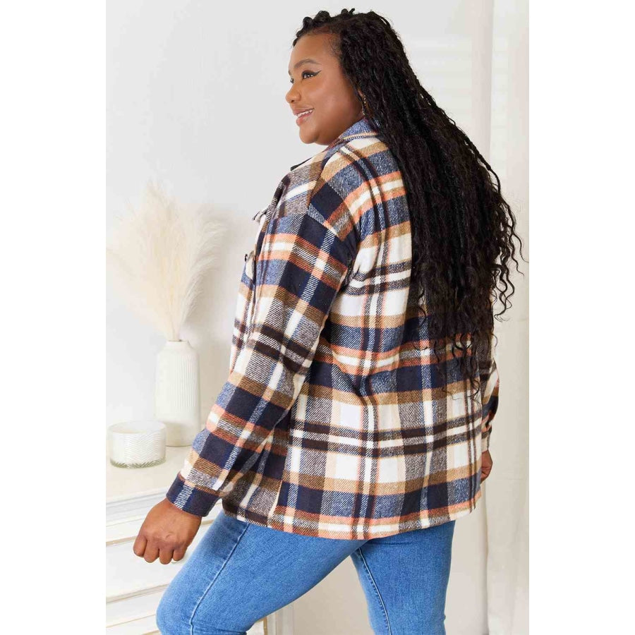 Double Take Plaid Button Front Shirt Jacket with Breast Pockets Navy / S