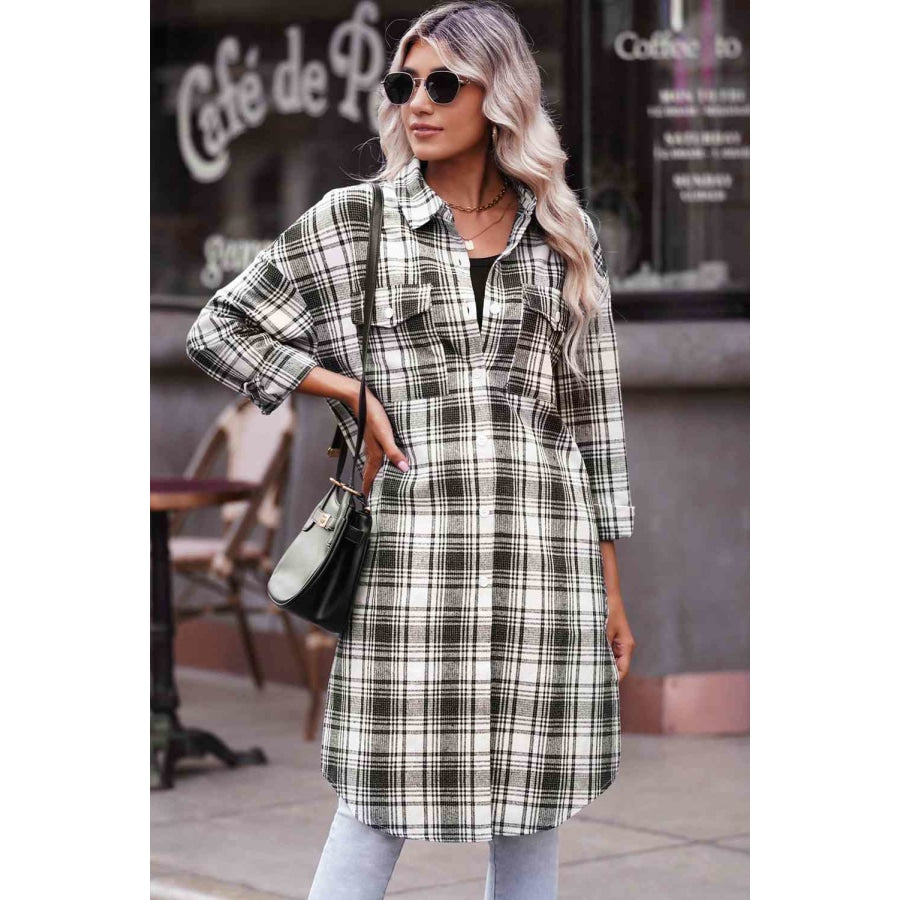 Double Take Plaid Button-Up Longline Shacket with Breast Pockets Apparel and Accessories