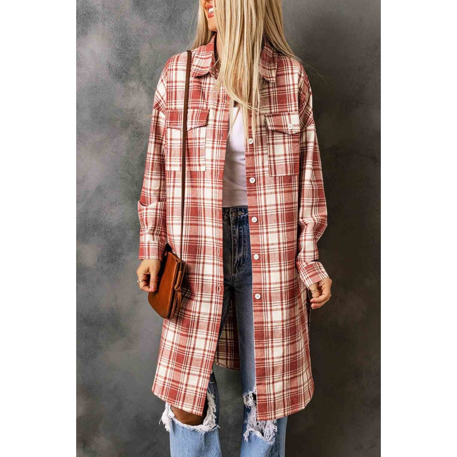 Double Take Plaid Button-Up Longline Shacket with Breast Pockets Apparel and Accessories