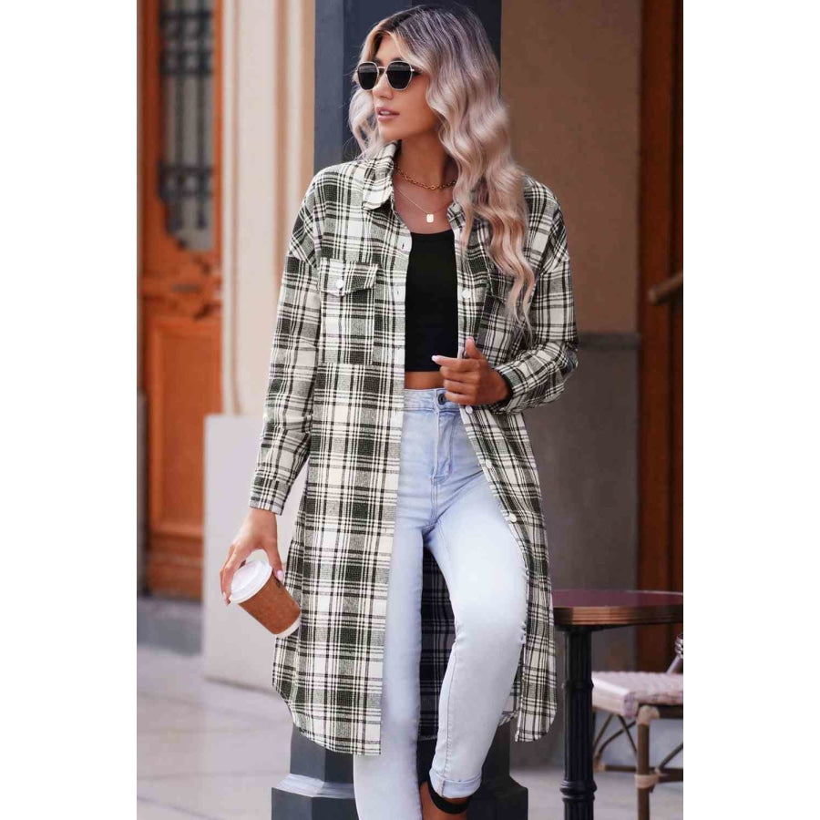 Double Take Plaid Button-Up Longline Shacket with Breast Pockets Black / S Apparel and Accessories