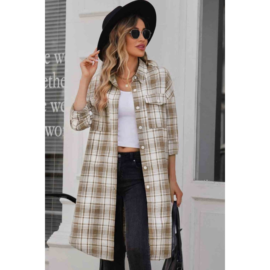 Double Take Plaid Button-Up Longline Shacket with Breast Pockets Khaki / S Apparel and Accessories