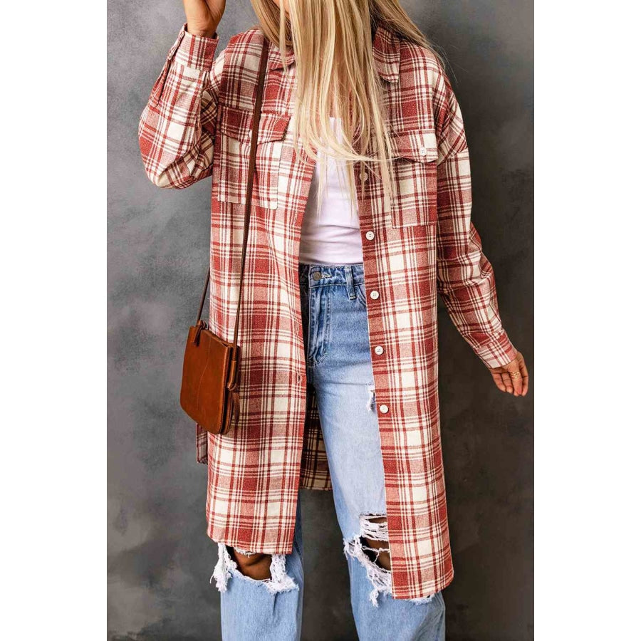 Double Take Plaid Button-Up Longline Shacket with Breast Pockets Red / S Apparel and Accessories