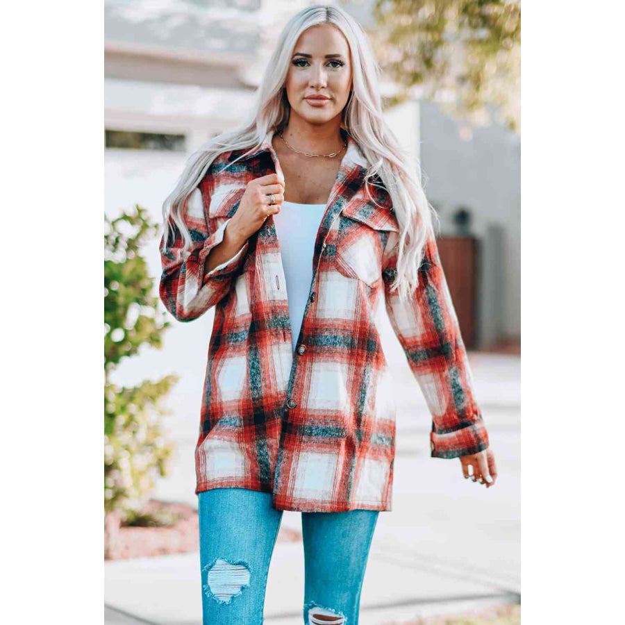 Double Take Plaid Button Up Shirt Jacket with Pockets Red / S Shacket