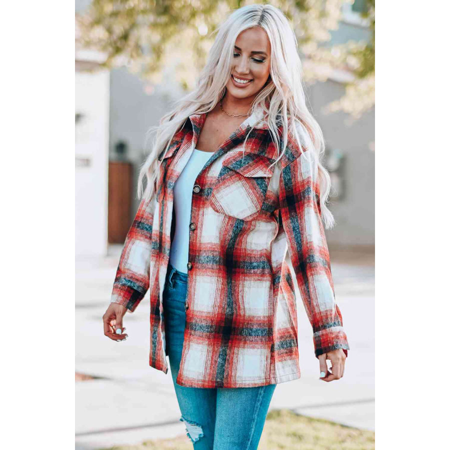 Double Take Plaid Button Up Shirt Jacket with Pockets Shacket
