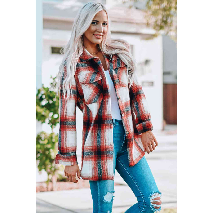 Double Take Plaid Button Up Shirt Jacket with Pockets Shacket