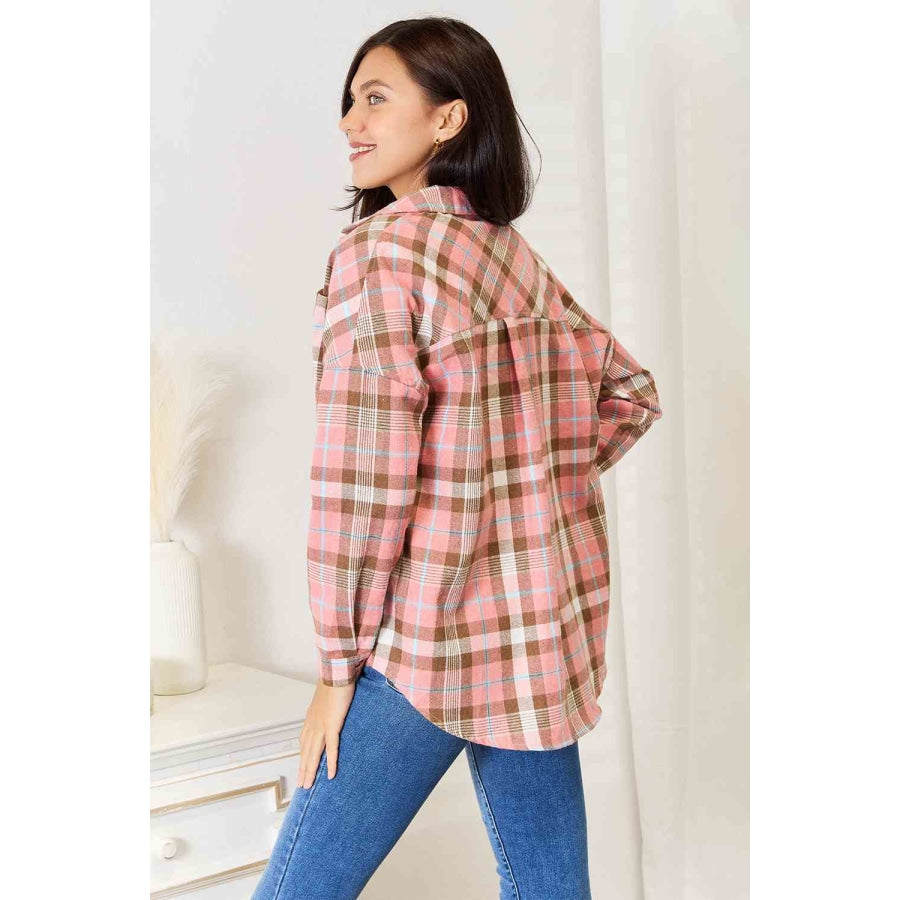 Double Take Plaid Collared Neck Long Sleeve Button-Up Shirt Peach / S