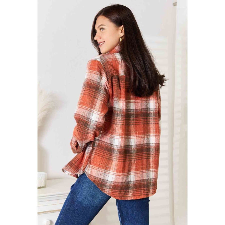 Double Take Plaid Collared Neck Long Sleeve Shirt Clothing