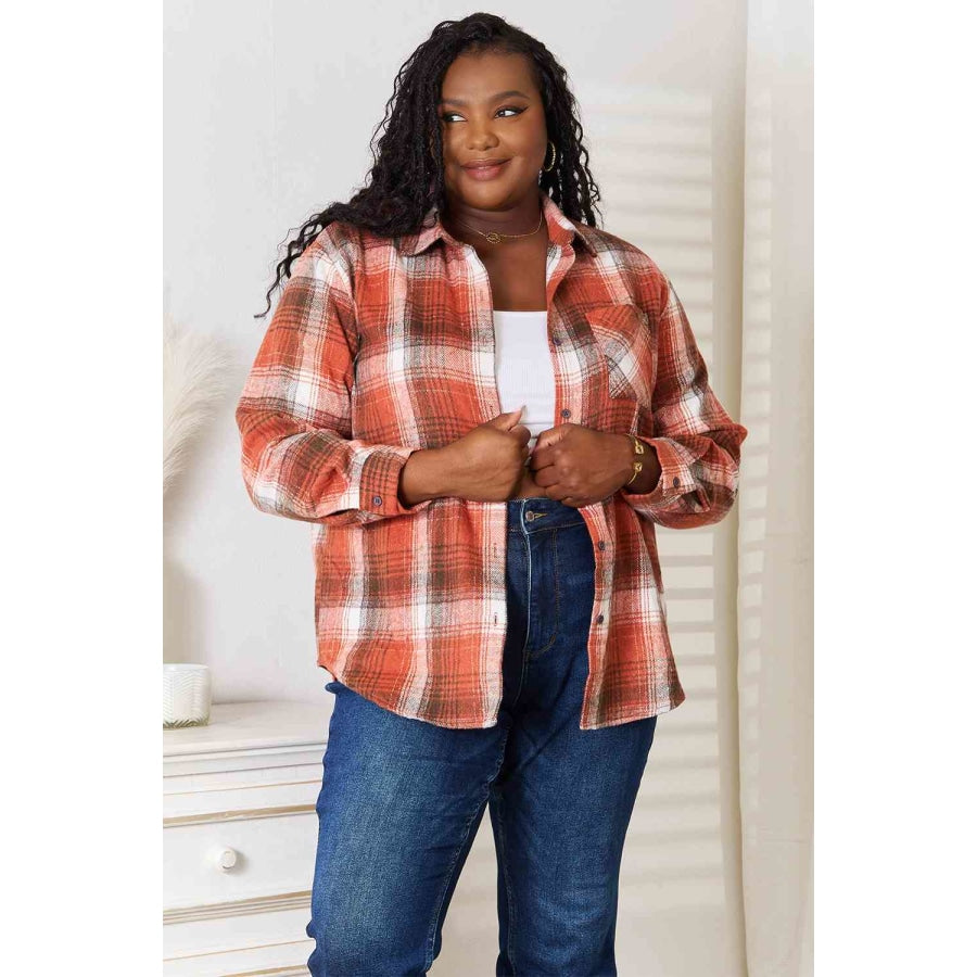 Double Take Plaid Collared Neck Long Sleeve Shirt Clothing