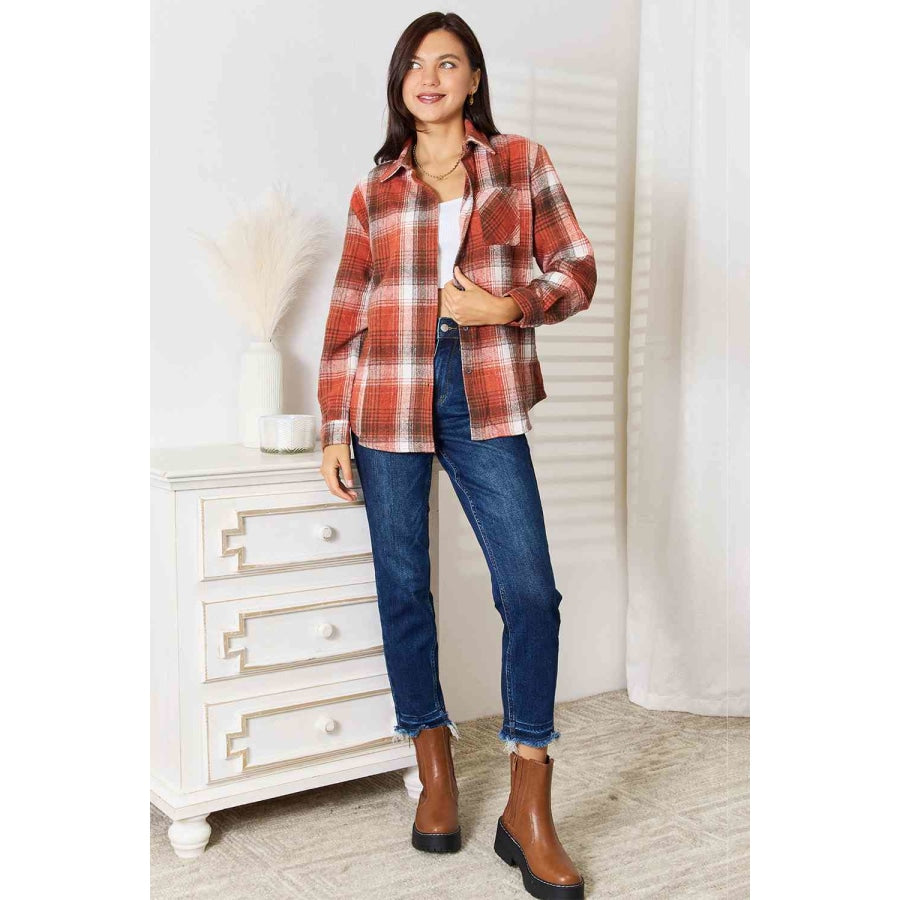 Double Take Plaid Collared Neck Long Sleeve Shirt Clothing