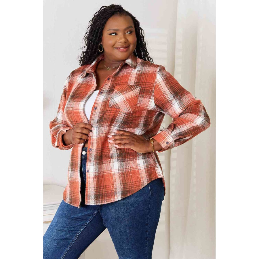 Double Take Plaid Collared Neck Long Sleeve Shirt Clothing