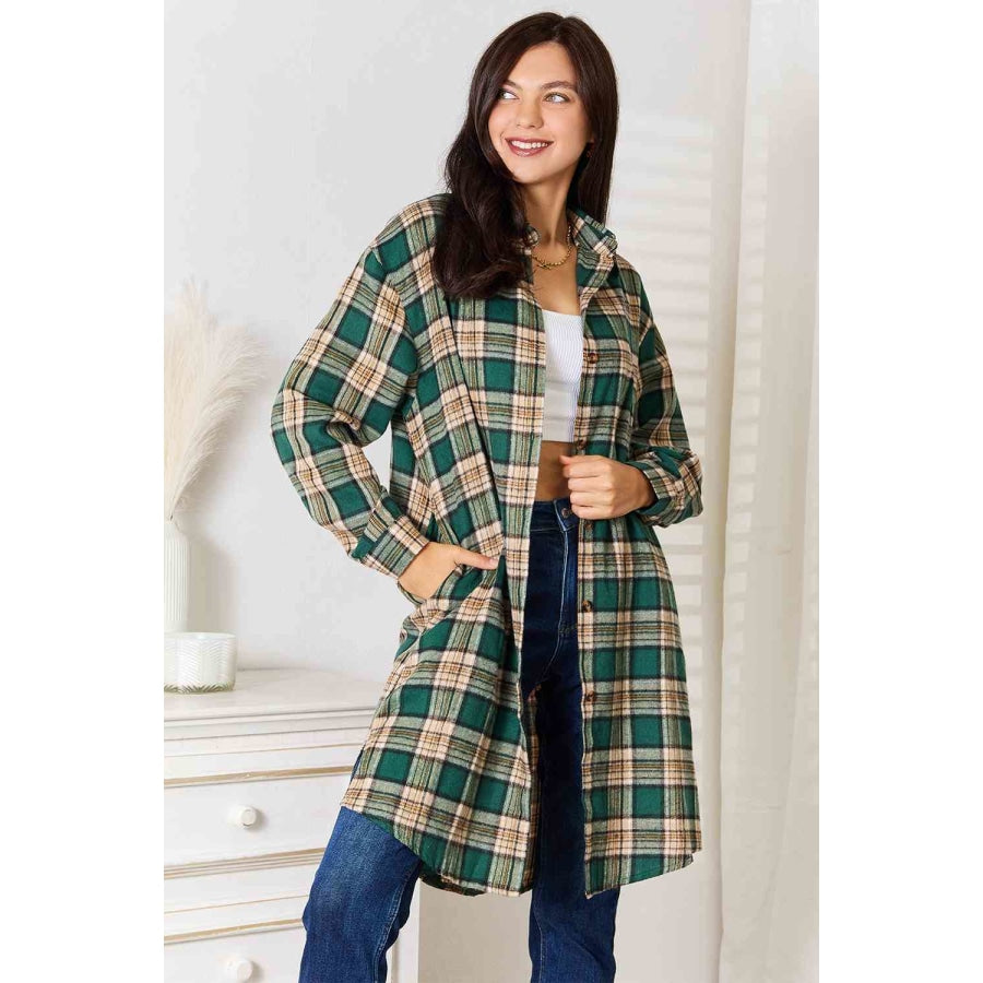 Double Take Plaid Collared Neck Long Sleeve Shirt Green / S