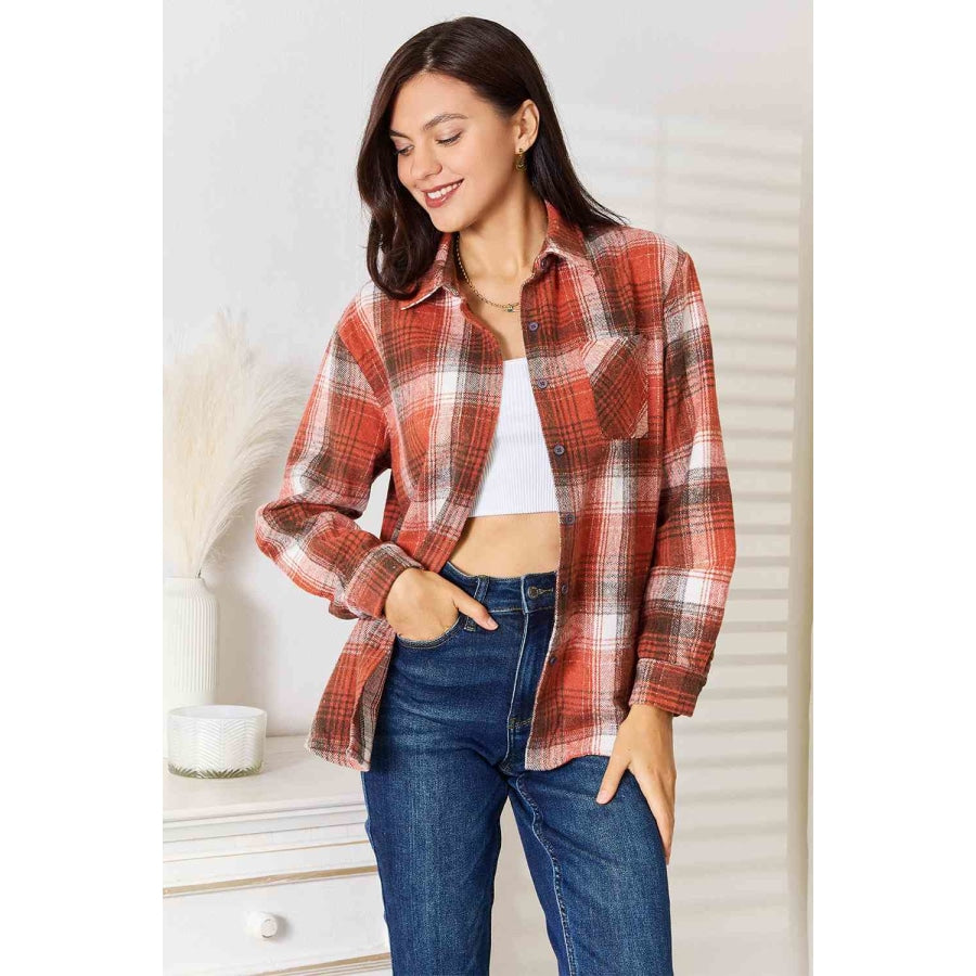 Double Take Plaid Collared Neck Long Sleeve Shirt Ochre / S Clothing