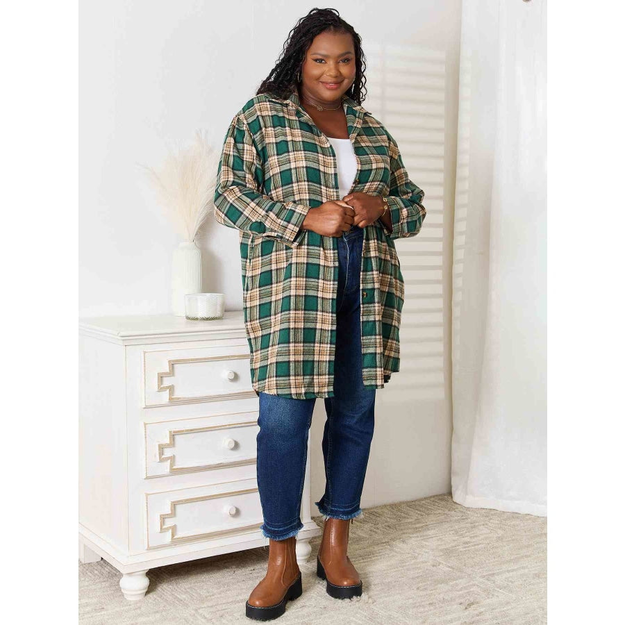 Double Take Plaid Collared Neck Long Sleeve Shirt