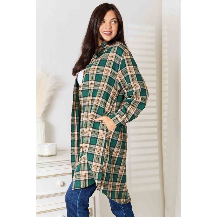 Double Take Plaid Collared Neck Long Sleeve Shirt