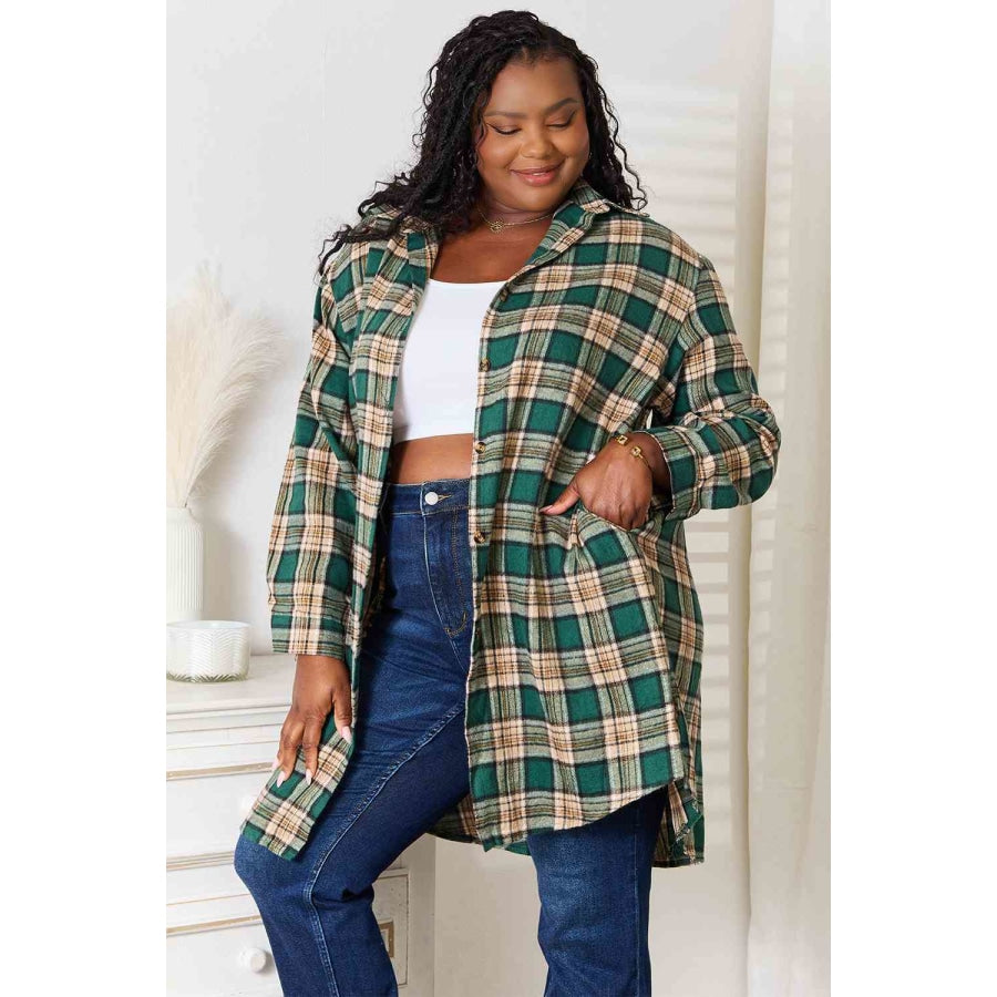 Double Take Plaid Collared Neck Long Sleeve Shirt