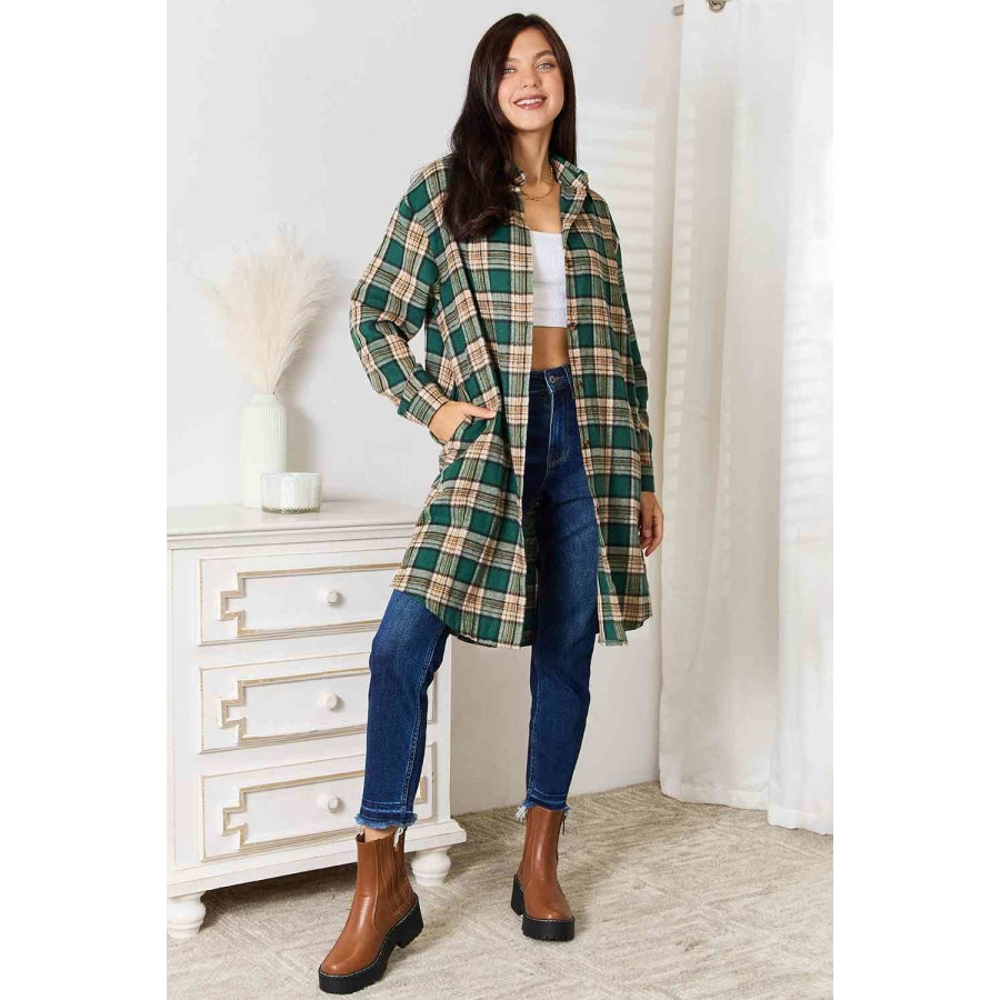 Double Take Plaid Collared Neck Long Sleeve Shirt