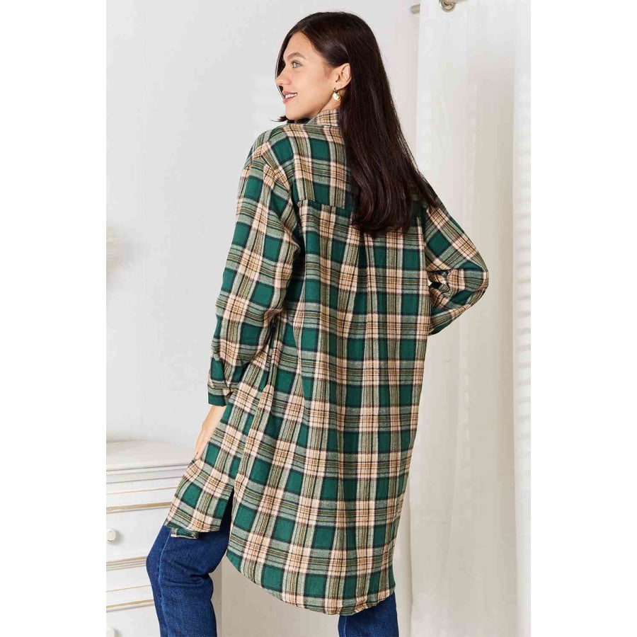 Double Take Plaid Collared Neck Long Sleeve Shirt Green / S