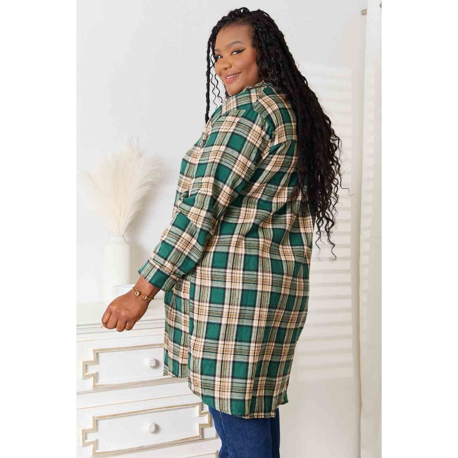 Double Take Plaid Collared Neck Long Sleeve Shirt