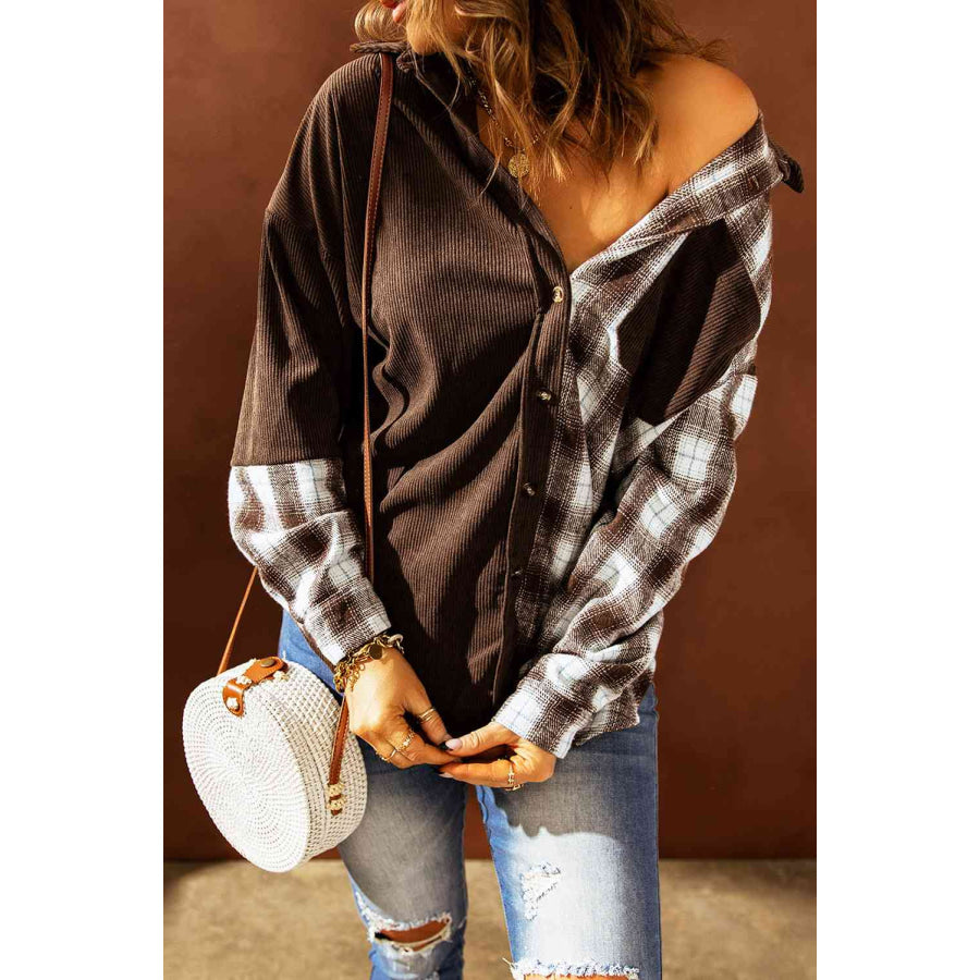 Double Take Plaid Color Block Dropped Shoulder Corduroy Shacket Apparel and Accessories