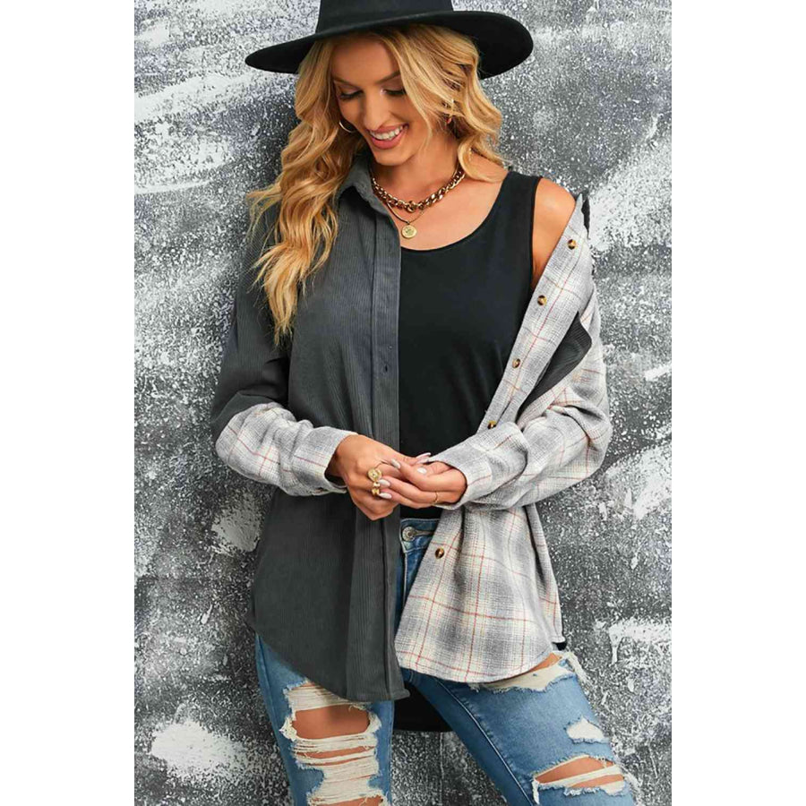 Double Take Plaid Color Block Dropped Shoulder Corduroy Shacket Apparel and Accessories