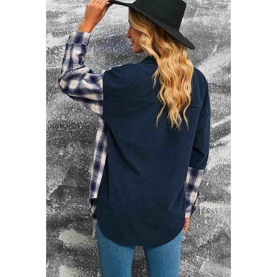 Double Take Plaid Color Block Dropped Shoulder Corduroy Shacket Blue / S Apparel and Accessories