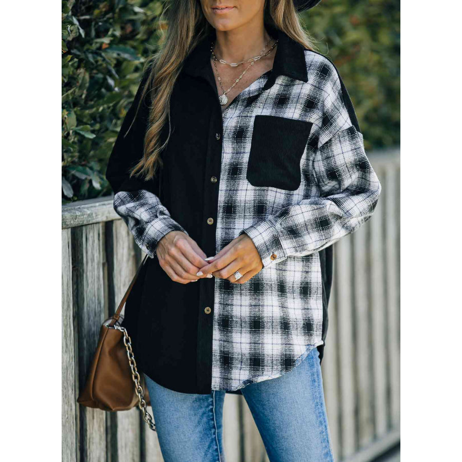 Double Take Plaid Color Block Dropped Shoulder Corduroy Shacket Black / S Apparel and Accessories