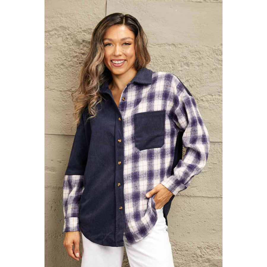 Double Take Plaid Color Block Dropped Shoulder Corduroy Shacket Blue / S Apparel and Accessories