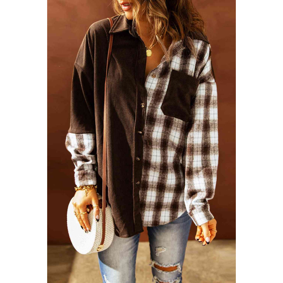 Double Take Plaid Color Block Dropped Shoulder Corduroy Shacket Brown / S Apparel and Accessories