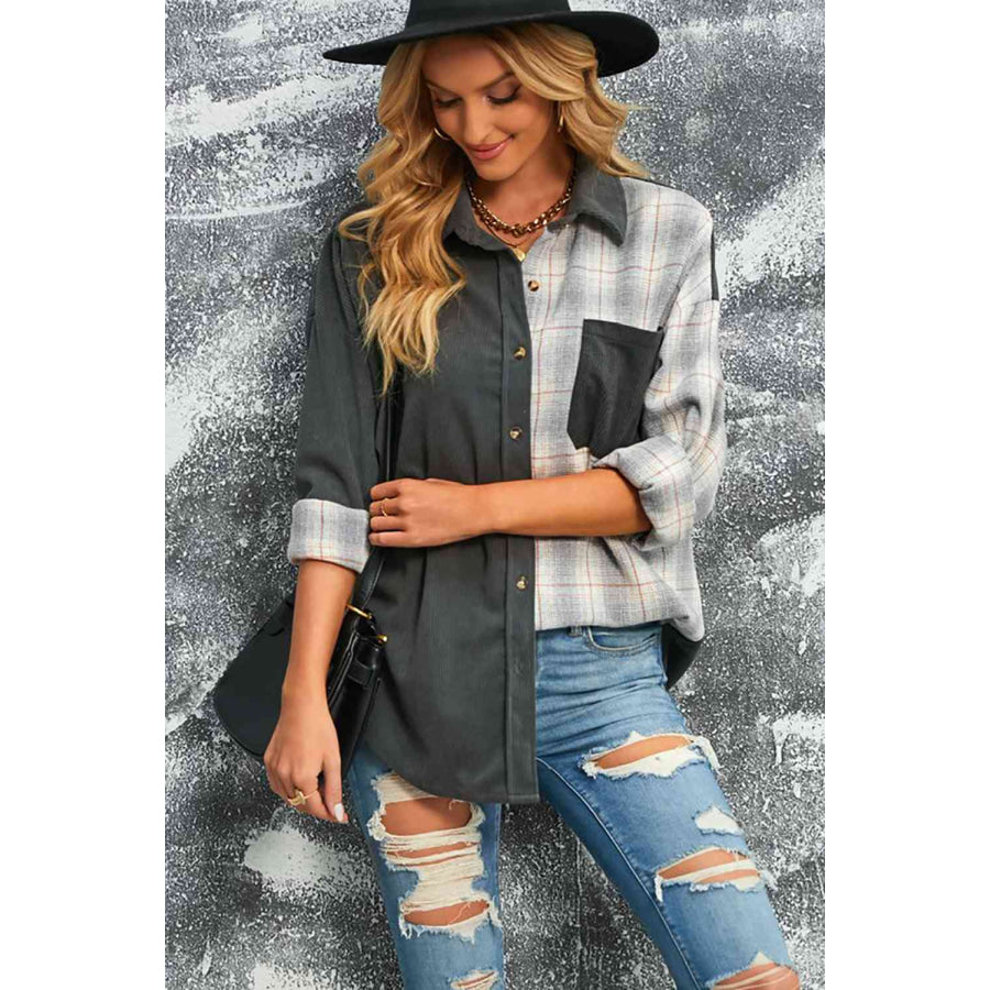 Double Take Plaid Color Block Dropped Shoulder Corduroy Shacket Gray / S Apparel and Accessories
