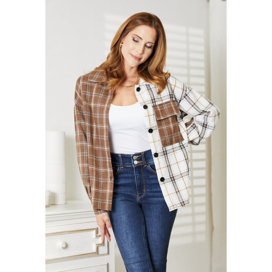 Double Take Plaid Contrast Button Up Shirt Jacket Plaid / S