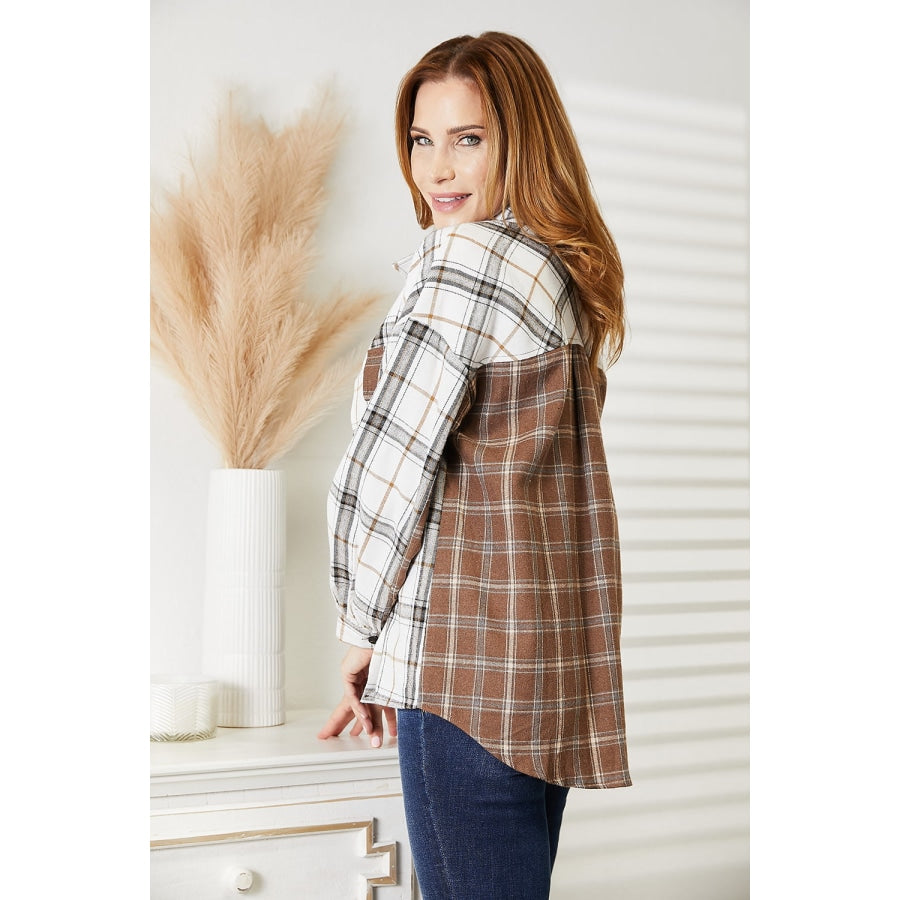 Double Take Plaid Contrast Button Up Shirt Jacket Plaid / S