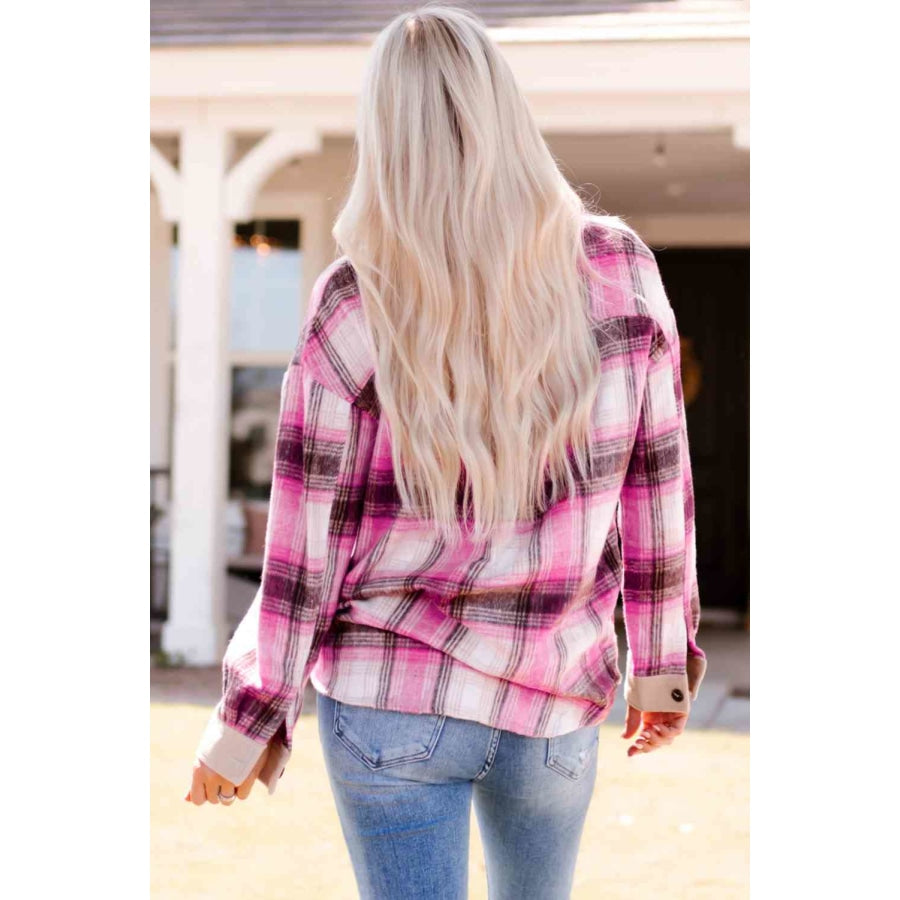 Double Take Plaid Contrast Detail Shacket Rose / S Apparel and Accessories