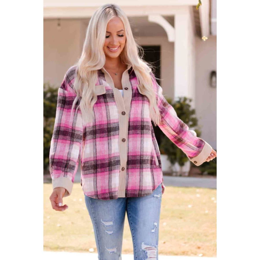 Double Take Plaid Contrast Detail Shacket Rose / S Apparel and Accessories