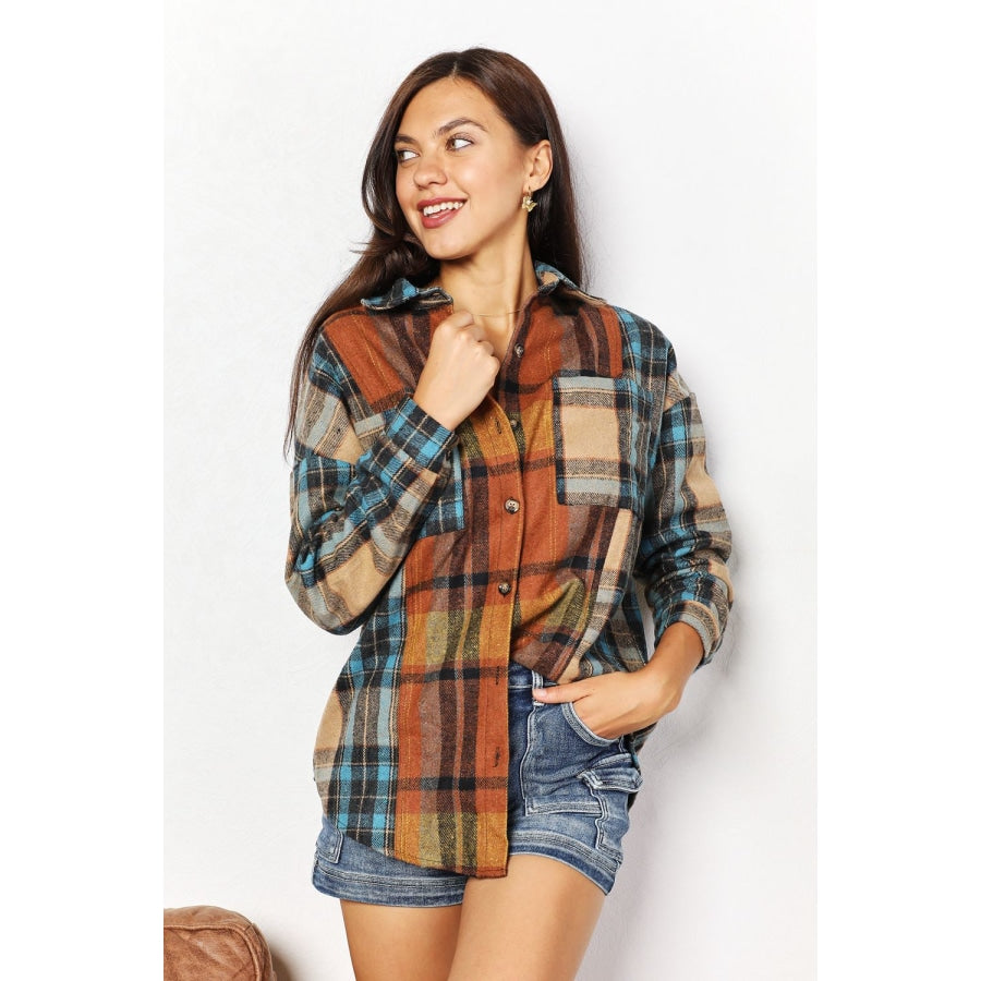 Double Take Plaid Curved Hem Shirt Jacket with Breast Pockets Plaid / S