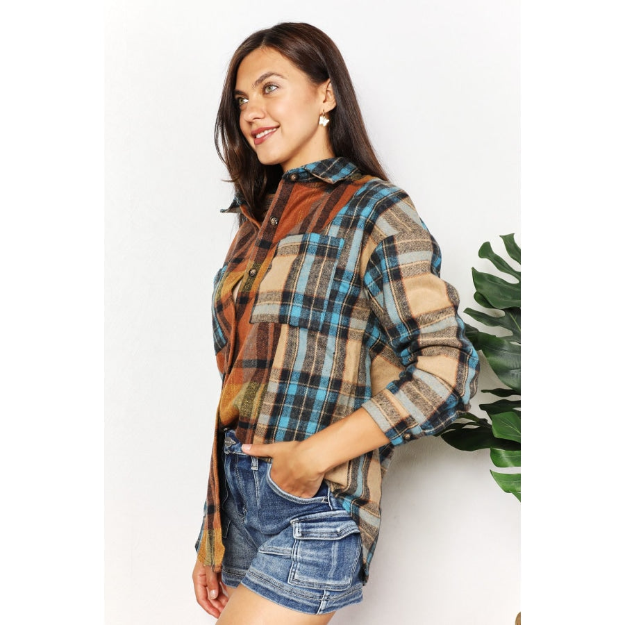 Double Take Plaid Curved Hem Shirt Jacket with Breast Pockets